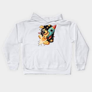 pug flying into space with a rocket Kids Hoodie